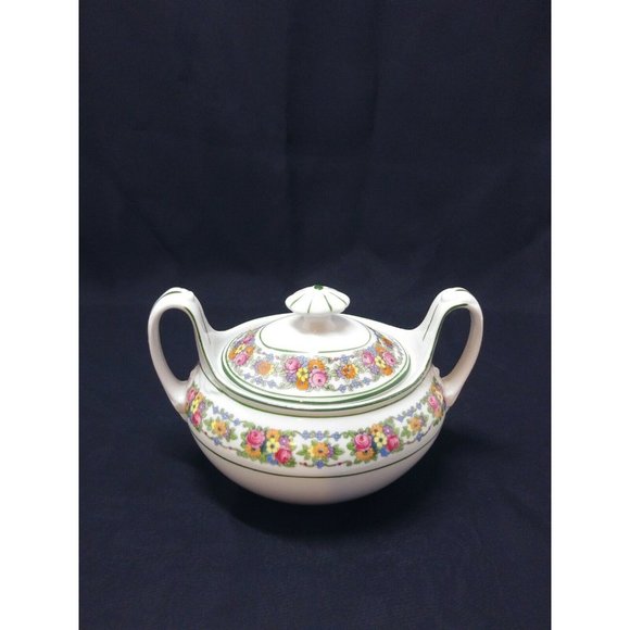 Beautiful Rose Red Green White Ceramic Sugar Bowl W/Holder Led F&W Mark Sign - Picture 10 of 12